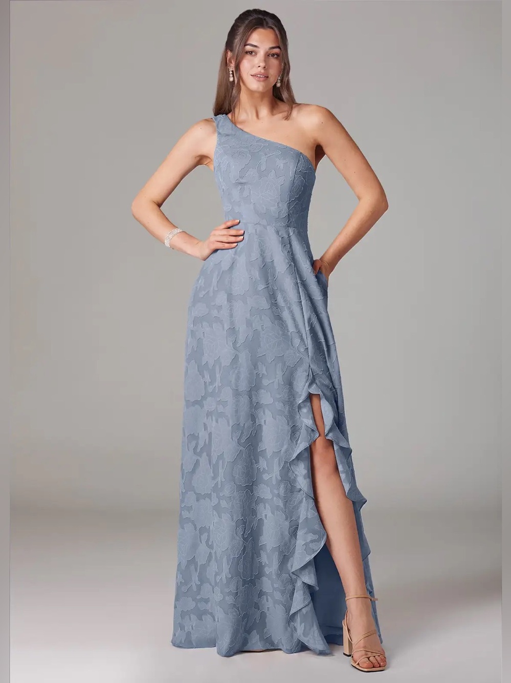 Azazie Ellianna Bridesmaid Dress - Dusty Blue A-Line One Shoulder Floral Burnout